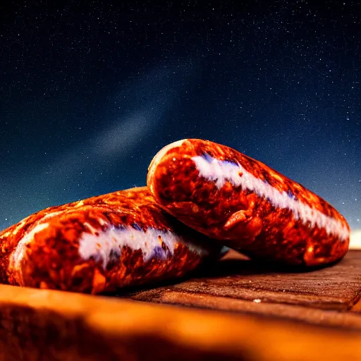 Image similar to slice of CHORIZO sausage, night sky, 8k, photograph, photorealistic