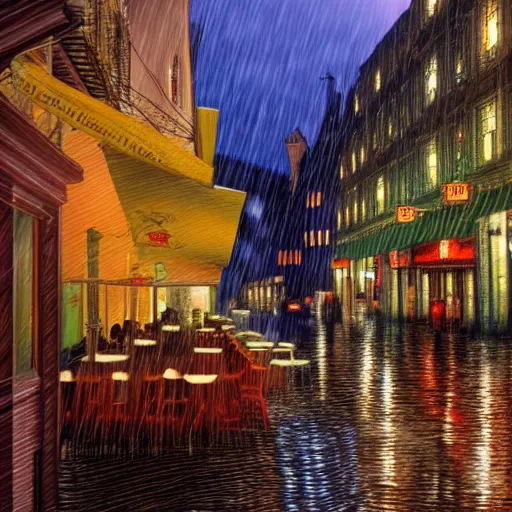 Prompt: cafe in a rainy victorian city, ultra hd, 4k, photorealistic