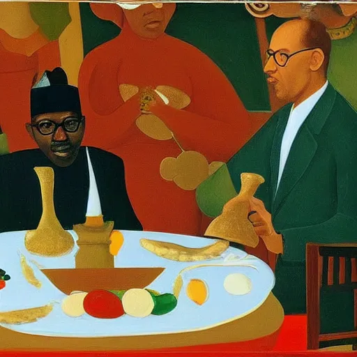 Image similar to president muhammadu buhari sitted at a lavish banquet with a large bastion of chicken minimalist solid background the great feast regal ornamental in the style of edward hooper and henri matisse oil painting