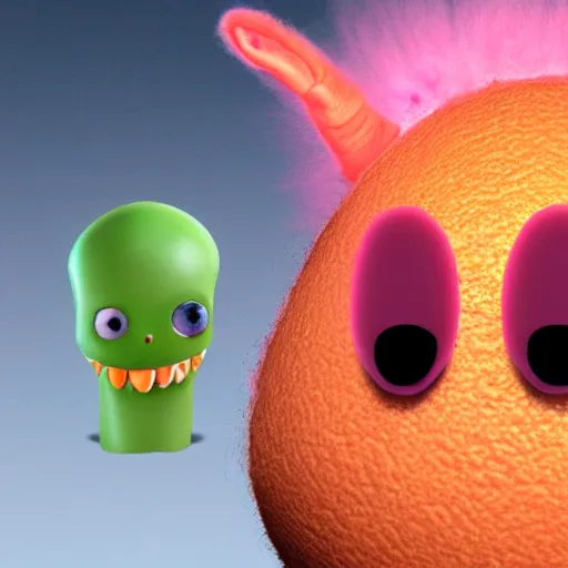 Prompt: an alien with a face that looks like a fuzzy peach the peach is fuzzy pink warm and ripe the alien has horns and a mean smile, 4k, highly detailed, high quality, amazing, high particle effects, glowing, majestic