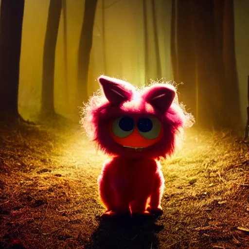 Image similar to a large fox colored furby muppet holding a lit torch and herding a bunch of random muppet animals following behind through a dark felt forest at night, sesame street, photograph, photography, ultrarealistic, national geographic