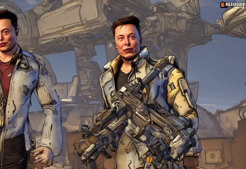 Image similar to elon musk in borderlands elon musk in the video game borderlands, gameplay screenshot, close up, 3 d rendering. unreal engine. amazing likeness. very detailed.