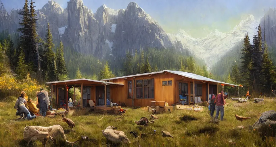 Image similar to cabela's beautiful comfortable community of modular insulated wall container home kit - house all weather family dwelling tent house, person in foreground, mountainous forested wilderness open fields, beautiful views, painterly concept art, environmental concept art, concept art illustration, by james gurney, by craig mullins, by greg rutkowski trending on artstation