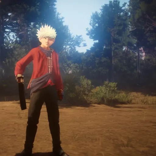 Prompt: killua dual-wielding in red dead redemption 2, cinematic shot, night time