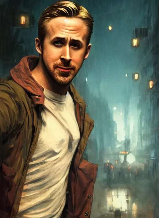 Image similar to Ryan Gosling as deadpool, handsome face, unmasked, no mask, dramatic action pose, gorgeous, portrait, Symmetrical, powerful, intricate, beautiful, masterpiece, elegant, volumetric lighting, highly detailed, artstation, sharp focus, no cropping, illustration, explosions in the background, Jean-Leon Gerome , ruan jia