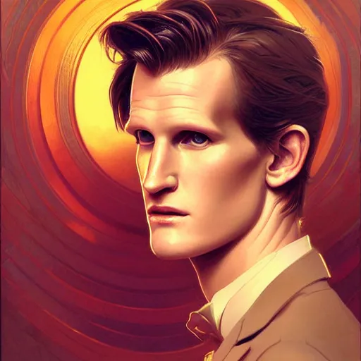 Image similar to symmetry portrait of matt smith, intricate, elegant, highly detailed, digital painting, artstation, concept art, smooth, sharp focus, illustration, art by artgerm and greg rutkowski and alphonse mucha