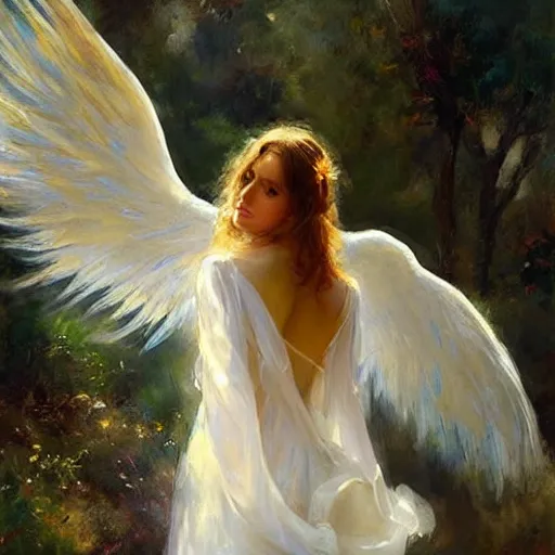 Image similar to a beautiful portrait of an angel with pretty face and her huge white wings spread out painted by gerhartz, highly detailed, beautiful, back lit, graceful and elegant, ethereal.