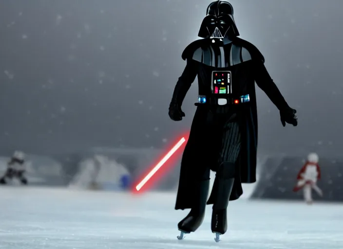 Image similar to film still of Darth Vader goes ice skating in the new Star Wars movie, 4k