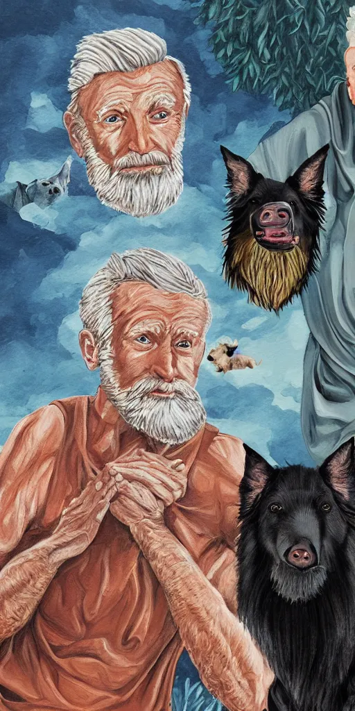 Image similar to beautiful detailed acrylic painting of a fit and mystical elderly man, has blond hair and ginger beard, surrounded by a Belgian shepherd and a wild boar