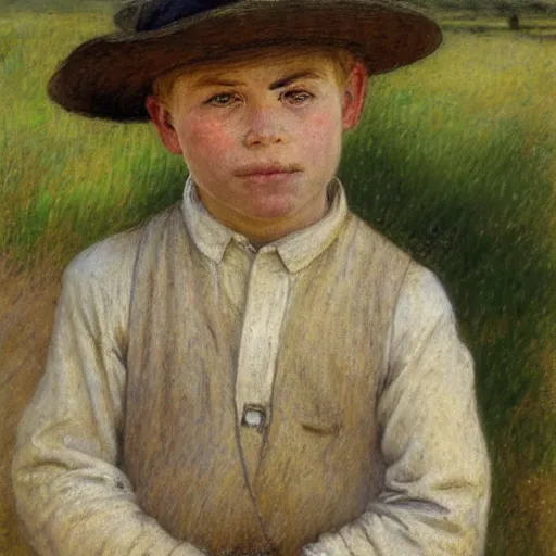 Image similar to Portrait of a farmer boy, by Jules Bastien-Lepage, Emile Friant, Dagnan Bouveret, chalk, pencil drawing, pastel, field in background