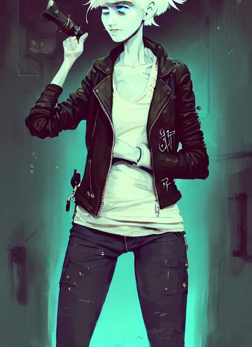 Prompt: highly detailed portrait of a sewer punk lady student, blue eyes, leather jacket, white hair by atey ghailan, by greg rutkowski, by greg tocchini, by james gilleard, by joe fenton, by kaethe butcher, gradient blue, black, brown and cyan color scheme, grunge aesthetic!!! ( ( graffiti tag wall background ) )