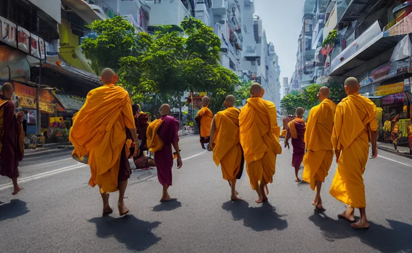 Prompt: In a future Bangkok, yellow-robed monks and huge elephants walk the streets of a bustling city under the hot sun ,by Jamie Jones and greg Rutlkowski ,hyperrealistic rendered in 4k, cinematic composition vray photorealistic focused lighting, HD