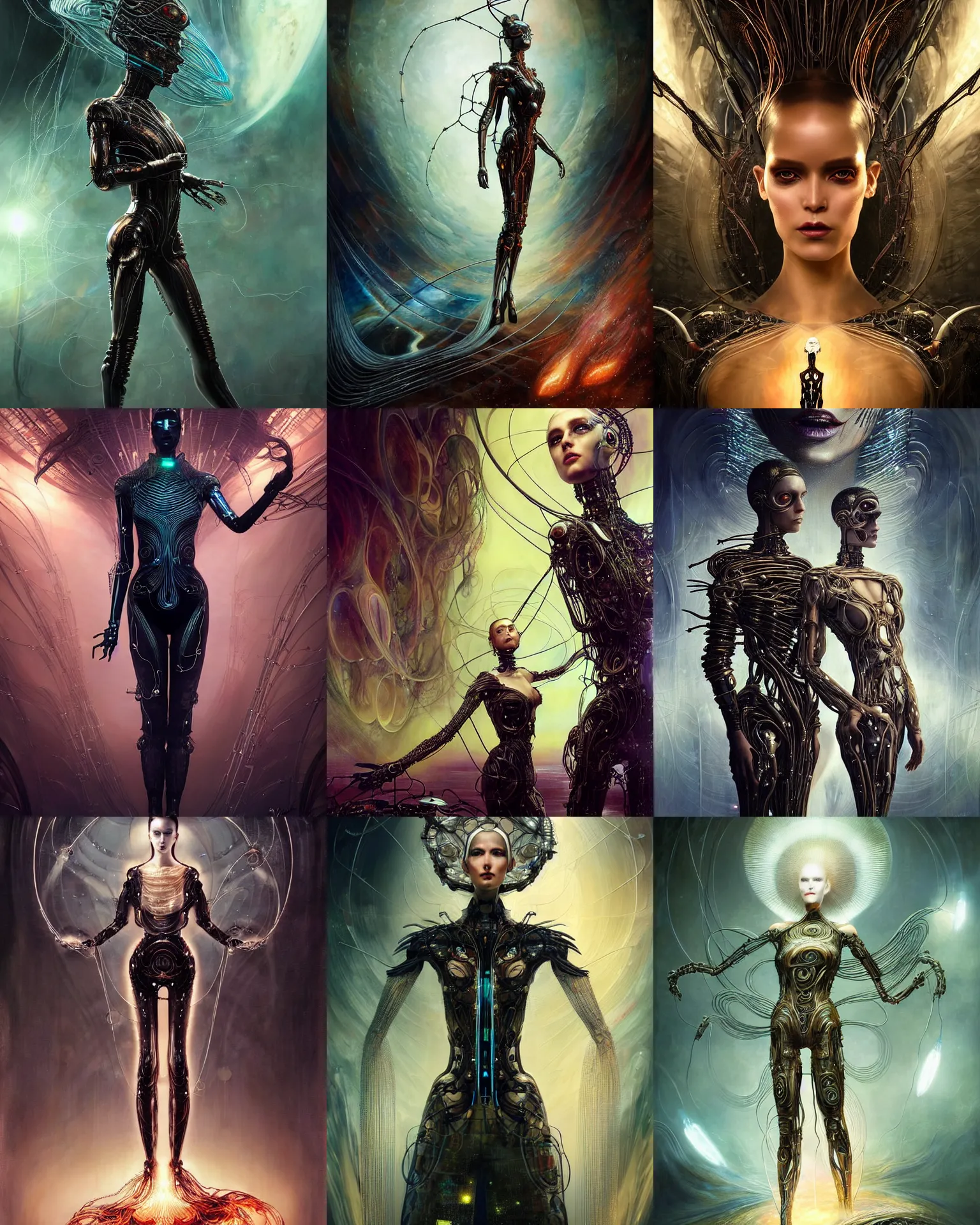 Prompt: karol bak and tom bagshaw and lecouffe - deharme full body character portrait of the borg queen of sentient parasitic flowing ai, floating in a powerful zen state, supermodel, beautiful and ominous, wearing combination of mecha and bodysuit made of wires and fractal ceramic, circuitry corrupting nature in the background, artstation scifi character render
