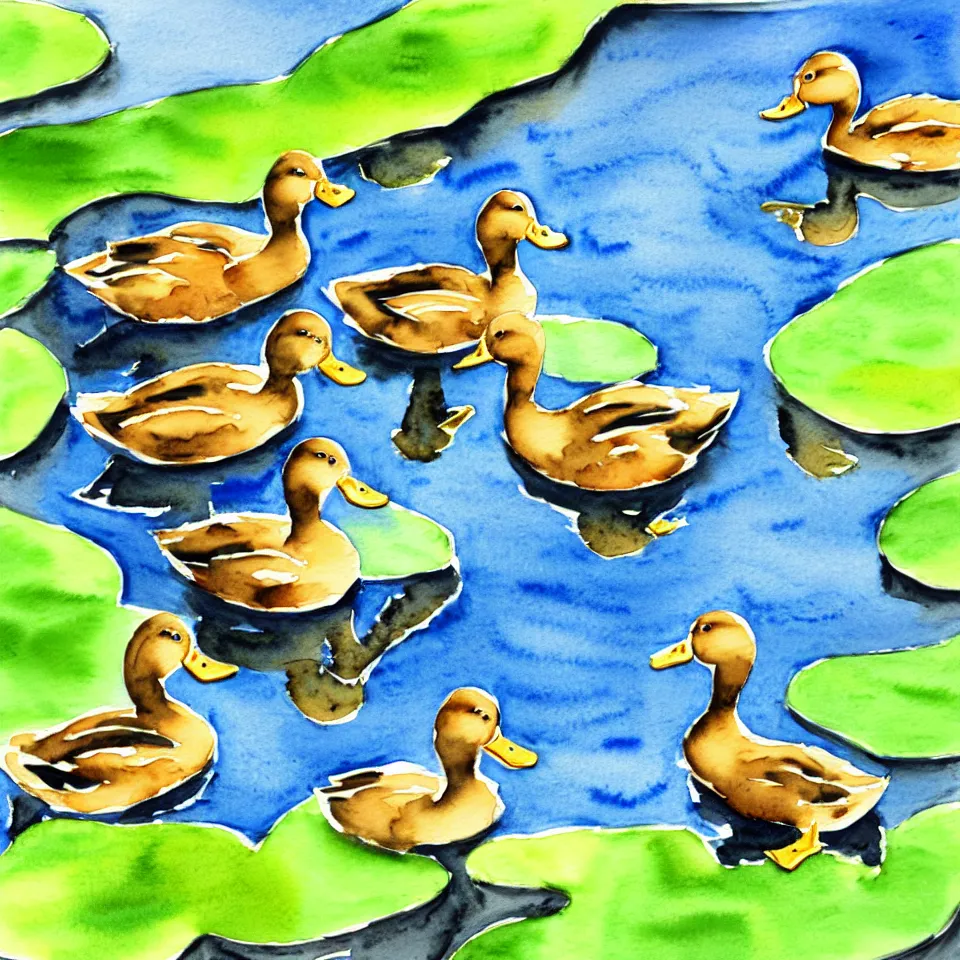 Prompt: watercolor of 3 ducks and 1 frog having a conversation on the side of a pond,