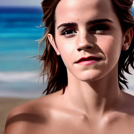 Image similar to emma watson at the beach, detailed photograph, HD, 4k, 8k, very beautiful scene, award winning, 80mm, wide shot, high res