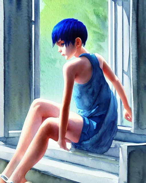 Image similar to watercolor painting of a pretty girl with short Blue hair, wearing a Tank top and shorts, sitting by a windowsill, In the style of ilya kuvshinov, dramatic lighting, fantasy, intricate, elegant, highly detailed, lifelike, photorealistic, digital painting, bokeh, HDR, high resolution, artstation, concept art, smooth, sharp focus, art by Krenz Cushart and Albert Aublet