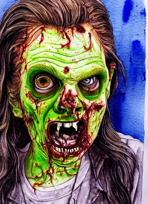 Image similar to zombie hollywood professional acting headshot, hyperrealism, intricate detailed, studio lighting, charming expression gesicht, watercolor art, drawn and painted, colored layers, dulled contrast