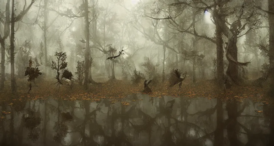 Image similar to A dense and dark enchanted forest with a swamp, by Jeremy Geddes