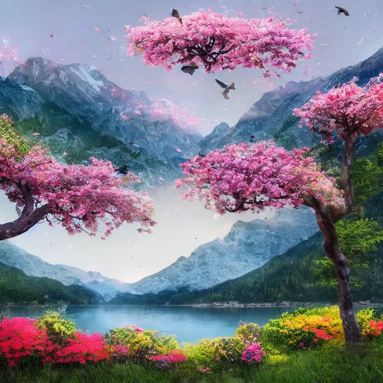 Prompt: a beautiful awesome artistic tree with flowers like leaves and many birds, all in the amazing outdoors view, mountain in the background, lake, long exposure, 8 k resolution, trending on artstation