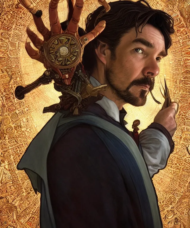 Image similar to Antony Starr as Doctor Stephen Strange, highly detailed, digital painting, artstation, concept art, smooth, sharp focus, illustration, ArtStation, art by artgerm and greg rutkowski and alphonse mucha and J. C. Leyendecker and Edmund Blair Leighton and Katsuhiro Otomo and Geof Darrow and Phil hale and Ashley wood and Ilya repin and Charlie Bowater