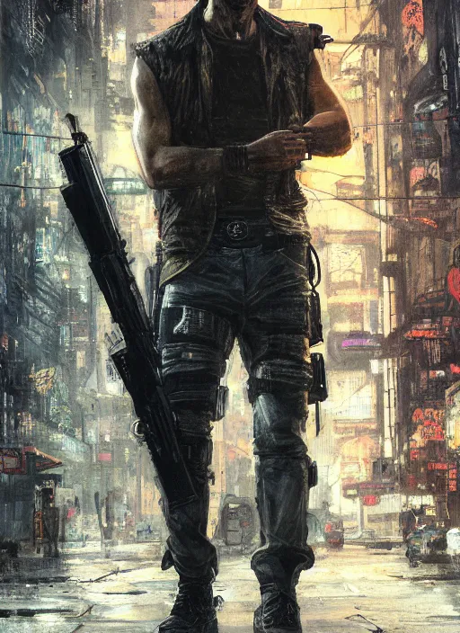 Prompt: max payne. cyberpunk mercenary in a military vest ( blade runner 2 0 4 9, cyberpunk 2 0 7 7 ). orientalist portrait by john william waterhouse and james gurney and theodore ralli and nasreddine dinet, oil on canvas. cinematic, hyper realism, realistic proportions, dramatic lighting, high detail 4 k