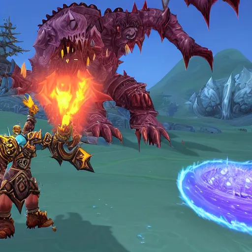 Prompt: world of warcraft screenshot, giant gibbering mouther raid boss