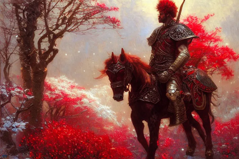 Image similar to winter, a male warrior wearing armor relaxing under a world tree with red flowers, ground covered with snow, extreme long shot, fantasy, painting by gaston bussiere, craig mullins, j. c. leyendecker, trending on artstation