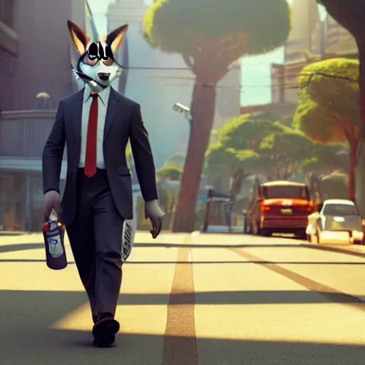 Image similar to a film still from zootopia main character portrait anthro anthropomorphic wolf security guard head animal person fursona wearing suit and tie pixar disney animation sharp rendered in unreal engine 5 key art by greg rutkowski bloom dramatic lighting modeling beginner render