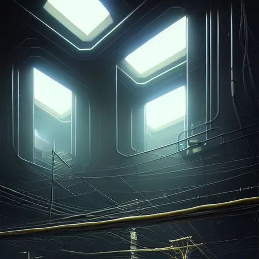 Image similar to professional ominous concept art architecture of a black metalic room with cables hanging from the ceiling by artgerm and greg rutkowski. an intricate, elegant, highly detailed digital painting, concept art, smooth, sharp focus, illustration, in the style of simon stalenhag, wayne barlowe, and igor kieryluk. ( low camera angle )