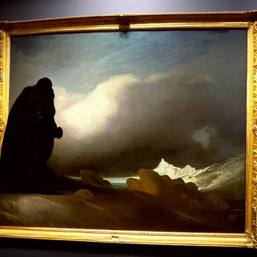 Image similar to goya the colossus painting, giant on the horizon, colossus in background, made of stone, atmospheric haze, stormy, tundra, hudson river school, princess in foreground, large scale