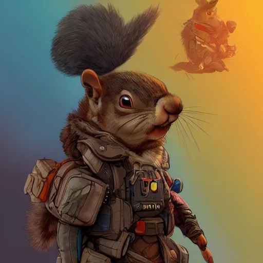 Prompt: grumpy squirrel as apex legends character, digital illustration portrait design, by android jones and greg rutkowski, retrowave color scheme, detailed, cinematic lighting, wide angle action dynamic portrait