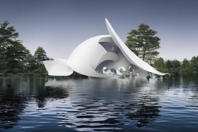 Image similar to a building formed by many multi - white eggshell shapes arranged and combined in space. on the calm lake, people's perspective modern curved architecture, future, award winning, highly detailed 4 k art, dusk, by kazuyo sejima