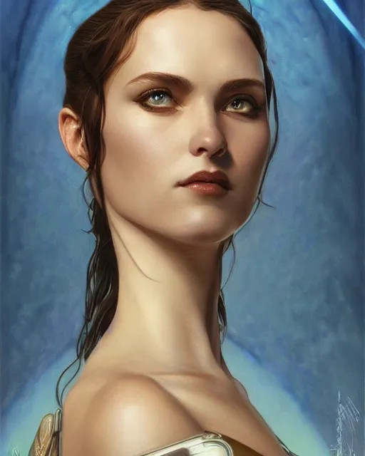 Image similar to portrait of saint alia atreides of the knife, big blue fully blue eyes, science fiction, frank herbert, intricate, elegant, highly detailed, digital painting, artstation, concept art, sharp focus, illustration, art by artgerm and greg rutkowski and alphonse mucha