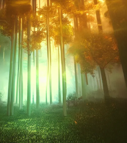 Prompt: daydreaming of the fuidity transparent dance of the blockchain, cyberpunk forest, majestic light, octane render, beauty fog, ethereal glare of the sun, raining rainbow, volumetric lighting, hyperealistic, epic, masterpiece