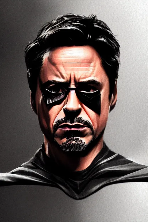 Prompt: robert downey jr as batman, portrait,, highly detailed, digital painting, artstation, concept art, smooth, sharp focus, illustration, cinematic lighting,