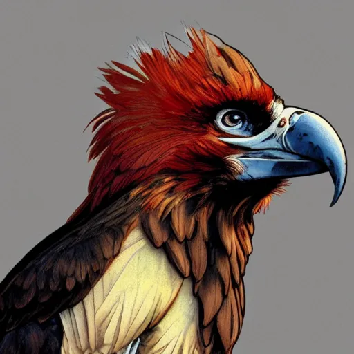 Image similar to a side portrait of a red bearded vulture, award winning, in the style of greg rutkowski and alphonse mucha, a fantasy gryphon