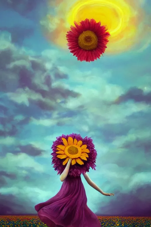 Image similar to giant daisy flower as head, girl dancing in a flower field, surreal photography, sunrise, dramatic light, impressionist painting, colorful clouds, digital painting, artstation, simon stalenhag