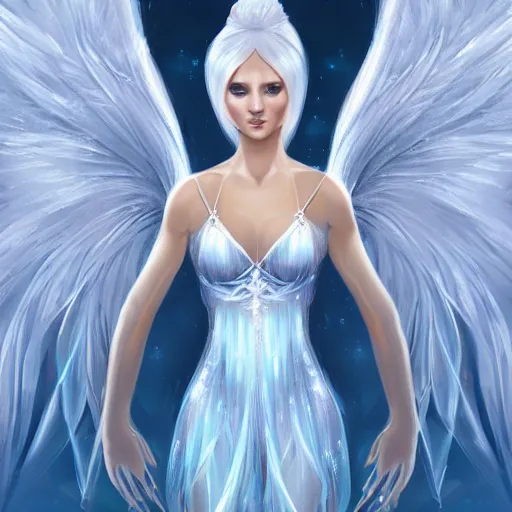 Prompt: Attractive young female ice angel, beautiful long white hair, wearing ice crystals, intricate, highly detailed, elegant, digital painting, trending on artstation