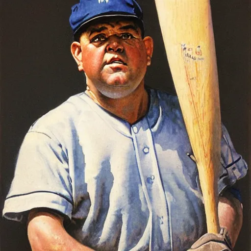 Image similar to a portrait painting of Babe Ruth. Painted by Norman Rockwell