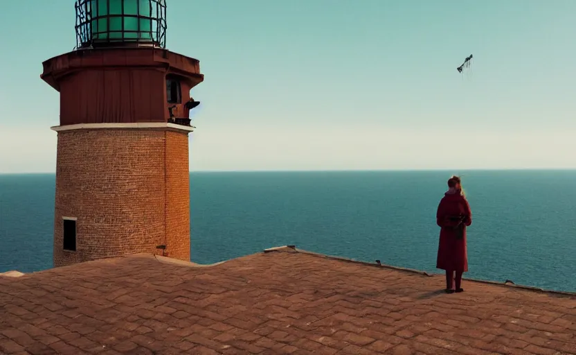 Image similar to a woman standing at the top of a lighthouse using binoculars, a screenshot by wes anderson, tumblr, video art, wide lens, filmic, criterion collection, symmetry