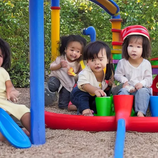 Prompt: an ethnically diverse group of toddlers. white. asian. hispanic. african. playing on a playground. oil on canvas exquisite. smooth. sharp focus. award winning. 8 k - n 9