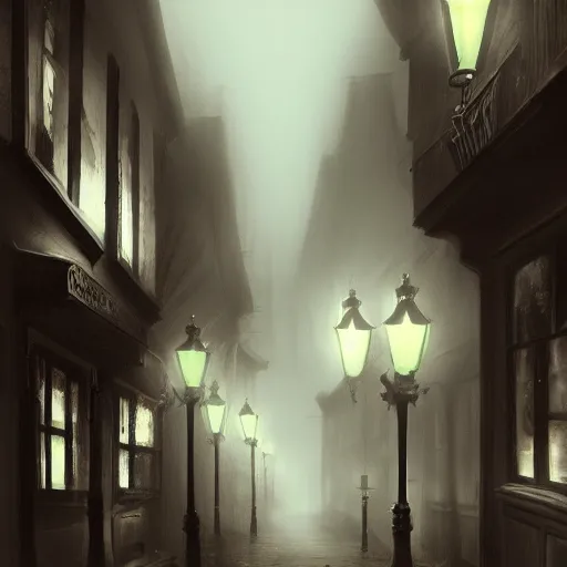 Image similar to victorian city street, dark, misty, at night, 8 k, detailed, concept art, trending on artstation