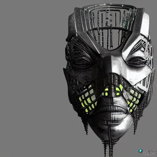 Prompt: a close up of a mask on a table, cyberpunk art by Giger, zbrush central contest winner, afrofuturism, made of paperclips, darksynth, made of liquid metal