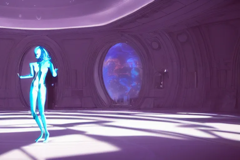 Prompt: vfx movie scene beautiful blue skin alien woman dancing in sleek futuristic decadent spaceship ballroom. giant windows view of earth obit. by emmanuel lubezki