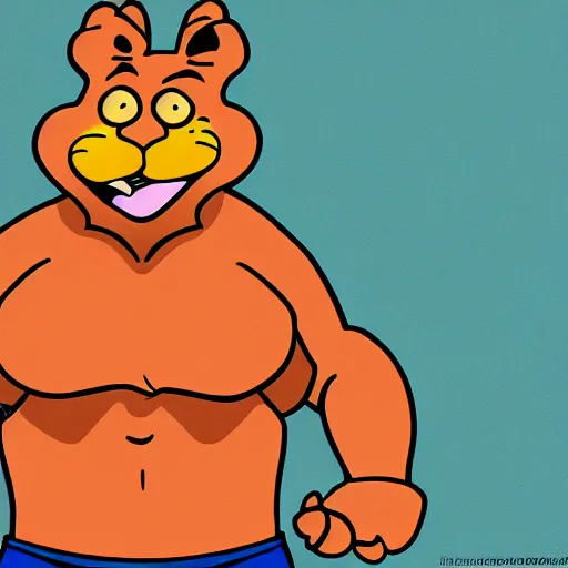 Image similar to garfield as a body builder with clothing