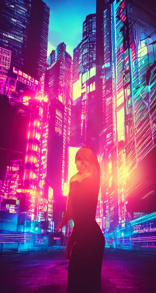 Image similar to cyber women, city, neon lights, glow, retrowave style, sunset,