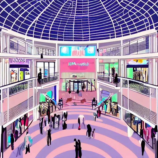 Prompt: digital illustration of a mall atrium in pastel colors