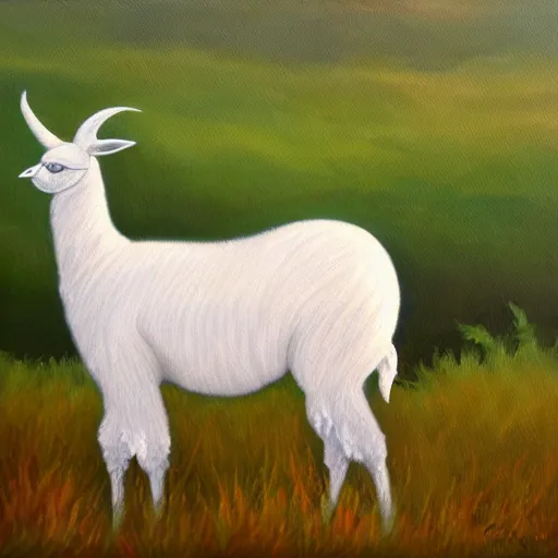 Prompt: oil painting by milla is of a white llama in a meadow at dawn
