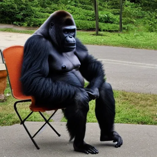 Image similar to a gorilla wearing a suit sitting on a chair smoking a cigar