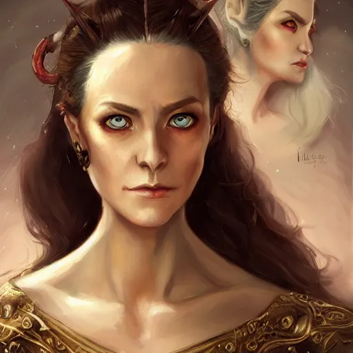 Image similar to a detailed matte head - on portrait painting of an middle - aged half - tiefling noblewoman with golden eyes and short well kept hair, by charlie bowater, lise deharme, wlop, tending on arstation, dungeons and dragon, dnd, pathfinder, fanart, oil on canvas